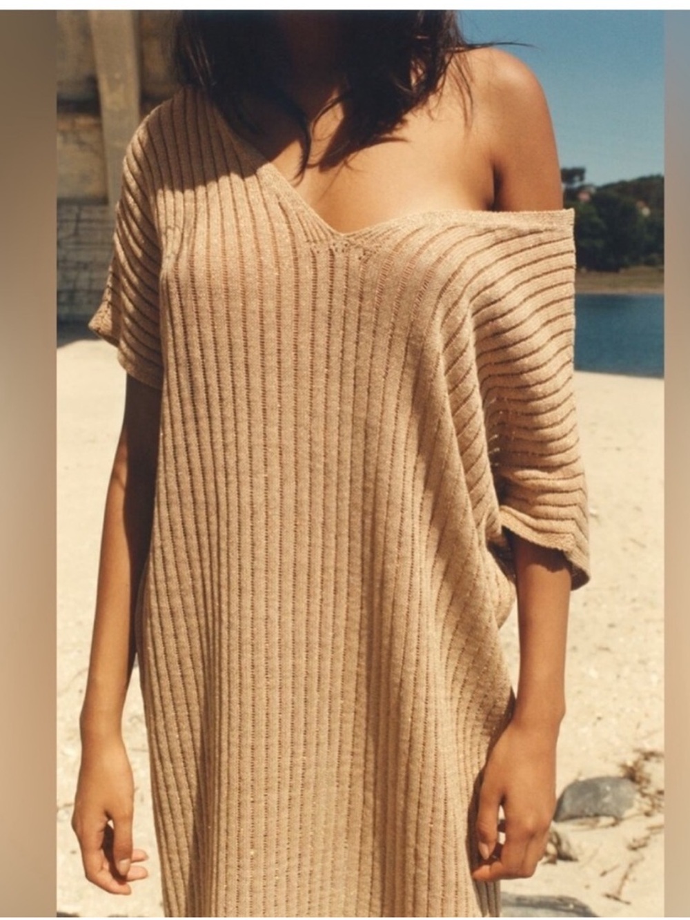 ZARA DEEP V-NECK METALLIC GOLD THREAD KNIT KAFTAN MAXI DRESS SWIM COVERUP L-XL